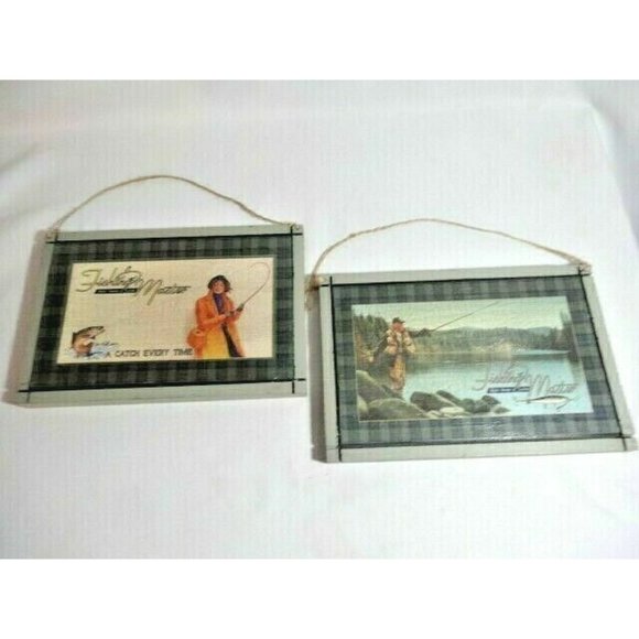 Fishing Master Rod Reels Lures Wood Signs Plaques Rainbow Trout Rustic 2-Piece - Picture 2 of 4